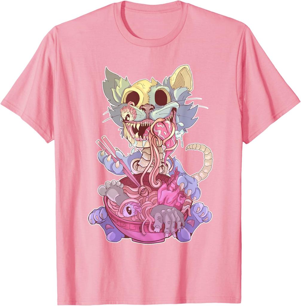 Zombie Cat Ramen Graphic Tee Kawaii Goth Weird Illustration T-Shirt For Men Casual