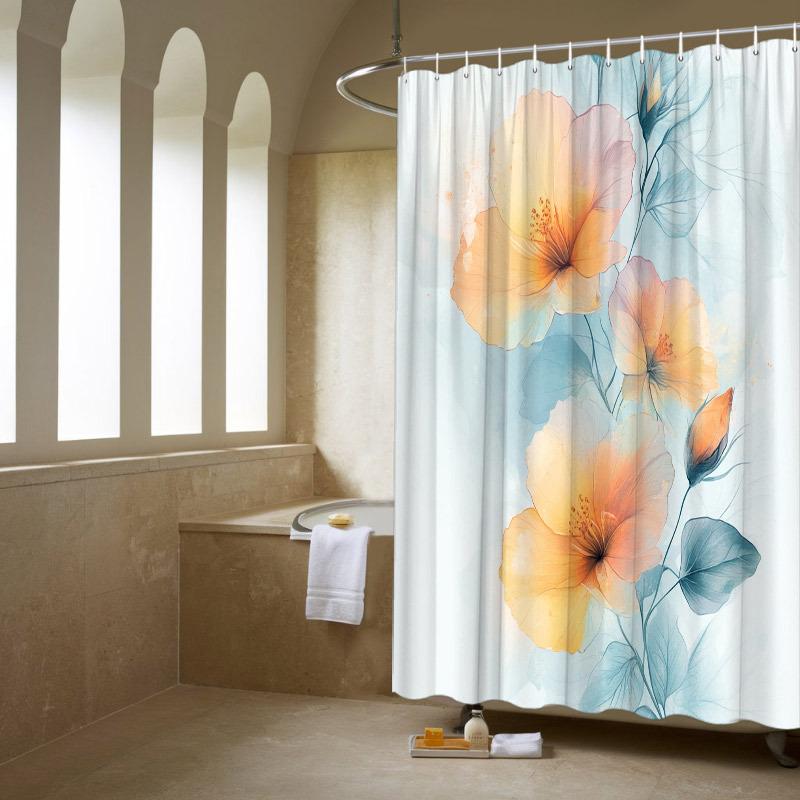 1pc Hibiscus Watercolor Shower Curtain - Pastel Floral Design, Semi-Transparent Leaves, Polyester, Serene Decor