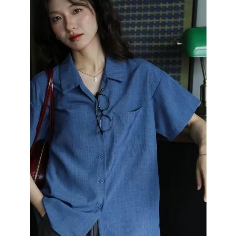 Women s Blue Textured Loose Fit Lapel Short Sleeve Casual Shirt With Chest Pocket S синий