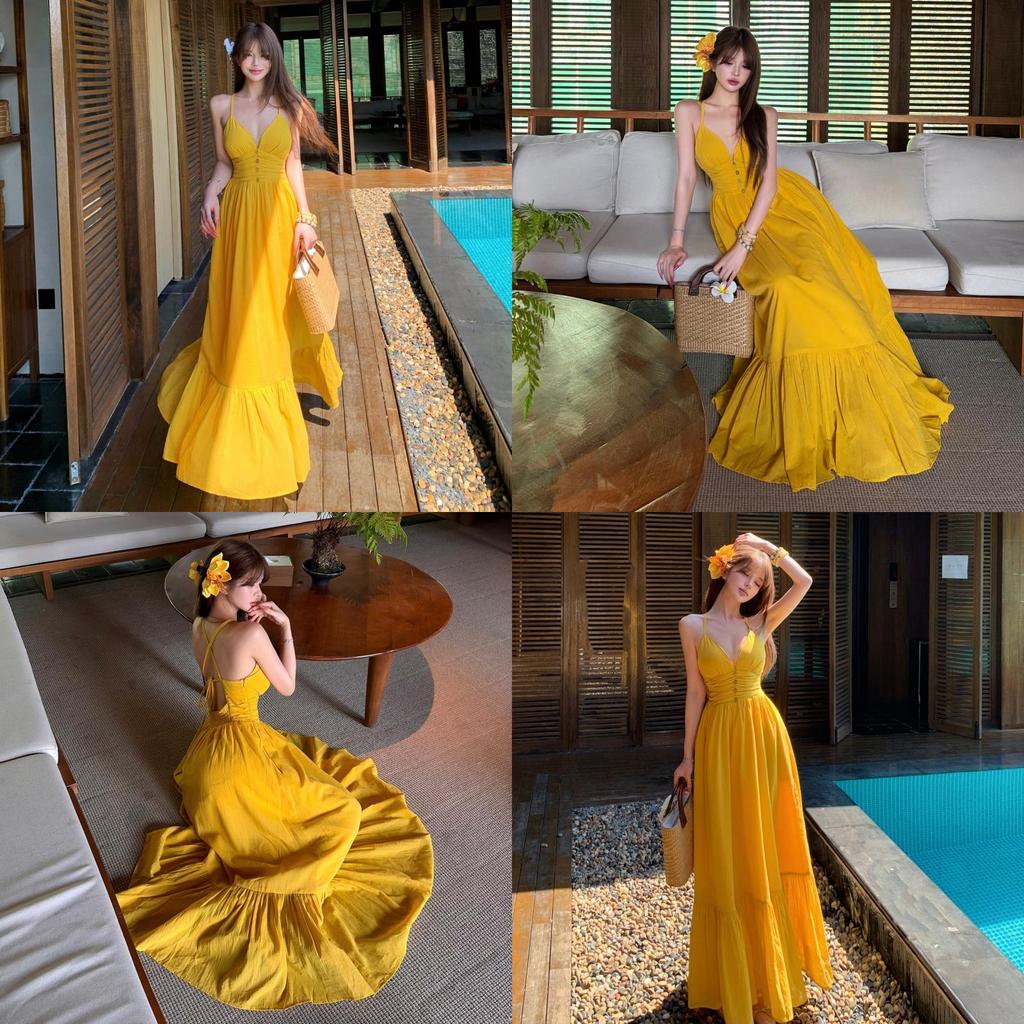 Vacation Dress With V Neck Sleeveless Long Skirt For Beach And Holiday
