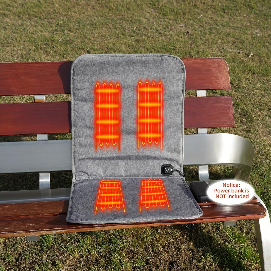 Portable outdoor heated seat cushion, foldable heating pad, 3 temperature settings, automatic power-off after 10 hours, overheat protection.