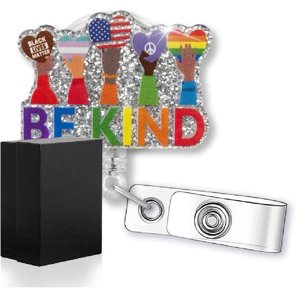 Be Kind Funny Human Rights Glitter Badge Reel, Retractable Rainbow Kindness Badge Holder for Equality Nurse Nursing Student Teacher, LGBTQ BLM Gift,