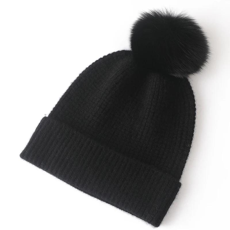 Women's 100% Cashmere Pineapple Style Knitted Bean Hat for Winter Warmth Soft Elastic for Outdoor Headwear Hairball Accessories