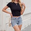 Damenbekleidung Europäische und amerikanische kurzärmelige Oberteile Damen Sommer dünn Knopfleiste Pullover Schulter vorne gestricktes High-End-T-Shirt