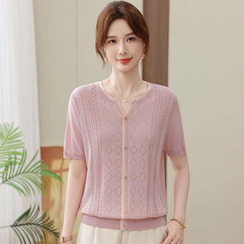 Ice Silk Loose Knit Cardigan T-shirt: Women's Summer Short-Sleeved Sweater for Middle-Aged and Elderly Moms