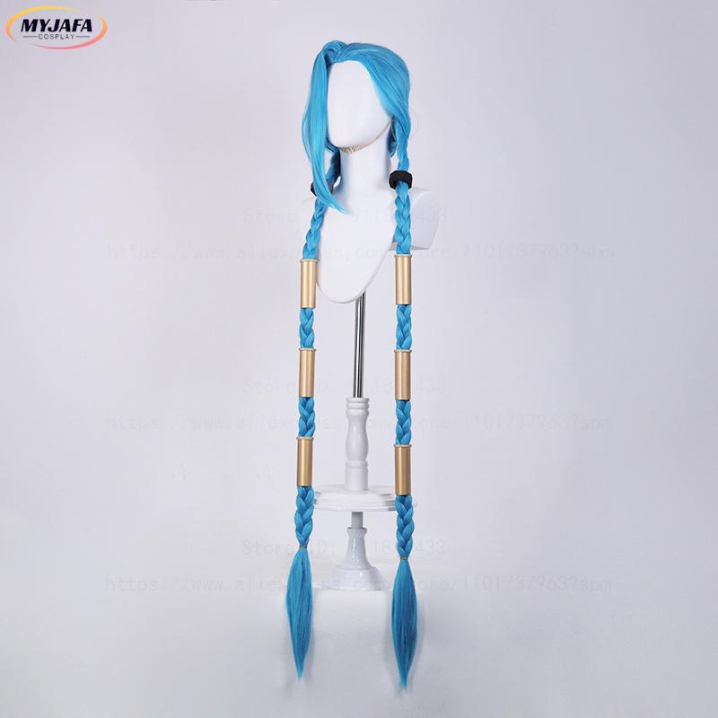 High Quality Jinx Cosplay Wig Long Braided Blue Braid Heat Resistant Synthetic Hair Anime Party Halloween Wigs + Wig Cap