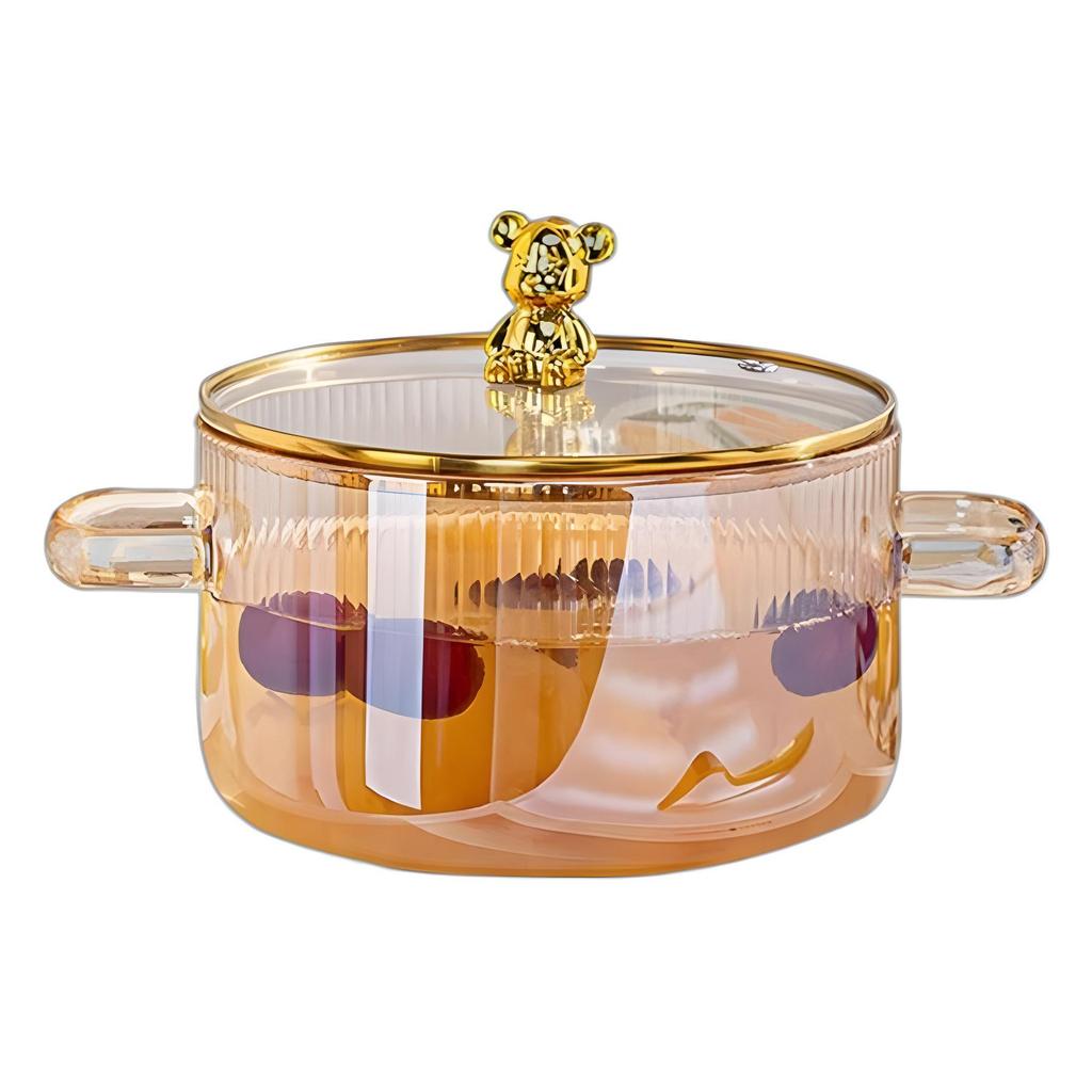 High Borosilicate Glass Double-Ear Pot with Decorative Lid Handle, Ideal for Soups and Noodles