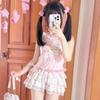 Pink Sweet Lolita Style Crop Tops Women Y2k Aesthetic Ruffles Cartoon Print Vest Harajuku Girls Cute Tank Japanese Camisoles