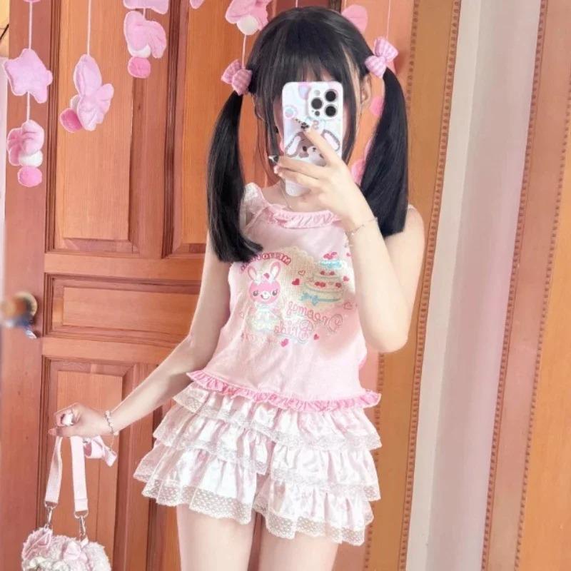 Pink Sweet Lolita Style Crop Tops Women Y2k Aesthetic Ruffles Cartoon Print Vest Harajuku Girls Cute Tank Japanese Camisoles