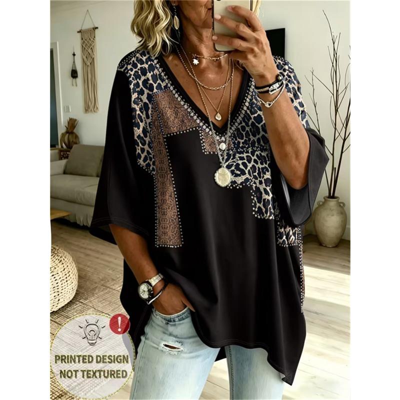 T-shirt da Donna Taglie Forti con Scollo a V e Maniche a Pipistrello Stampa Etnica Bohemien Top Largo Estivo Comodo Traspirante per il Pendolarismo Quotidiano Casual