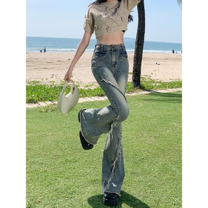 Raw Edge Micro Flare Jeans Spring and Autumn Women's Jeans Plus Size Vintage Flared Pants