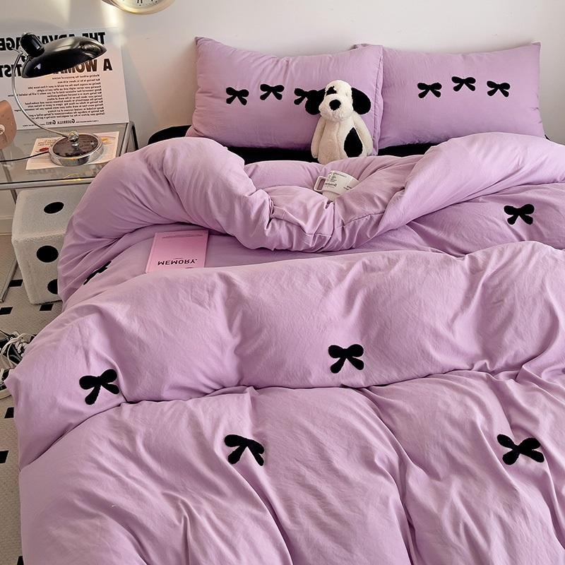 Black Bow Embroidery Duvet Cover 3 Pieces Set Girl Adult Bedroom Pink Decor Quilt Cover Solid Color Bedding with 2 Pillowcases