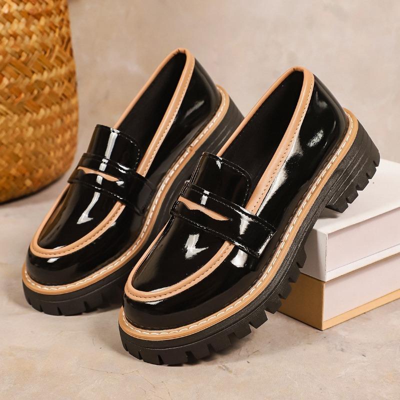 Elegant Flat Loafers for Women Plus Size Bowtie Patent Leather Loafers Shoes Woman Autumn Thick Sole Round Shoes Lady