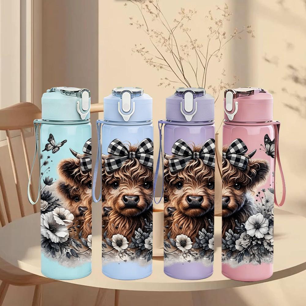 1PC Bear Deer Wildlife Forest Animal Print 750ml Color Plastic Sports Water Bottle Leakproof Flip Straw Lid Suitable for Sports Office Home Use