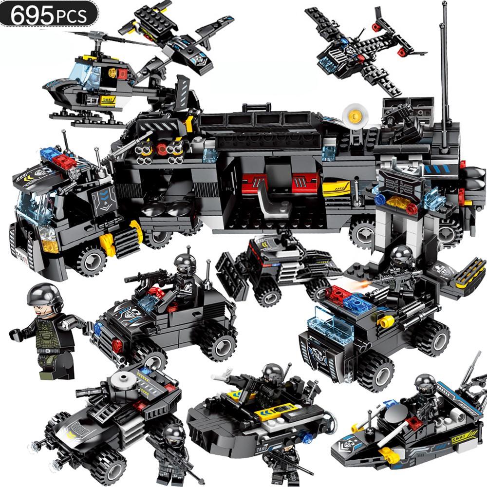 695 Stücke City Polizei SWAT Truck Bausteine Sets Schiff Fahrzeug Technik Blöcke Playmobil bricsk Spielzeug Für Kinder