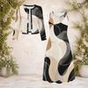 Women Plus Size Abstract Printed Two Piece Set Round Neck Long Sleeve Cropped Cardigan Sleeveless Midi Dress