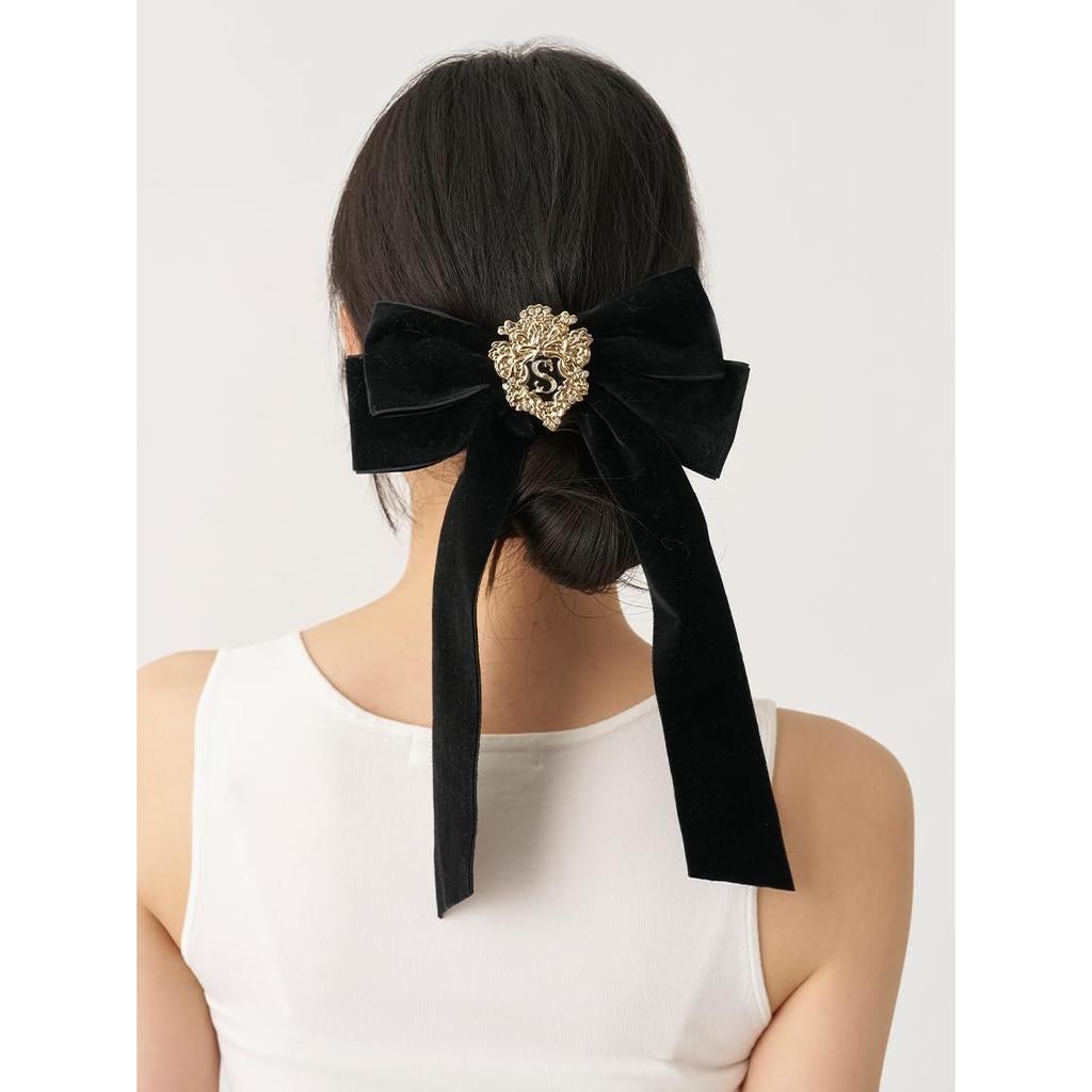 SNIDEL Emblem Ribbon Hair Barrette SWGG264663 2-Way Velvet Ribbon Hair Clip with Removable Brooch Black Free Size