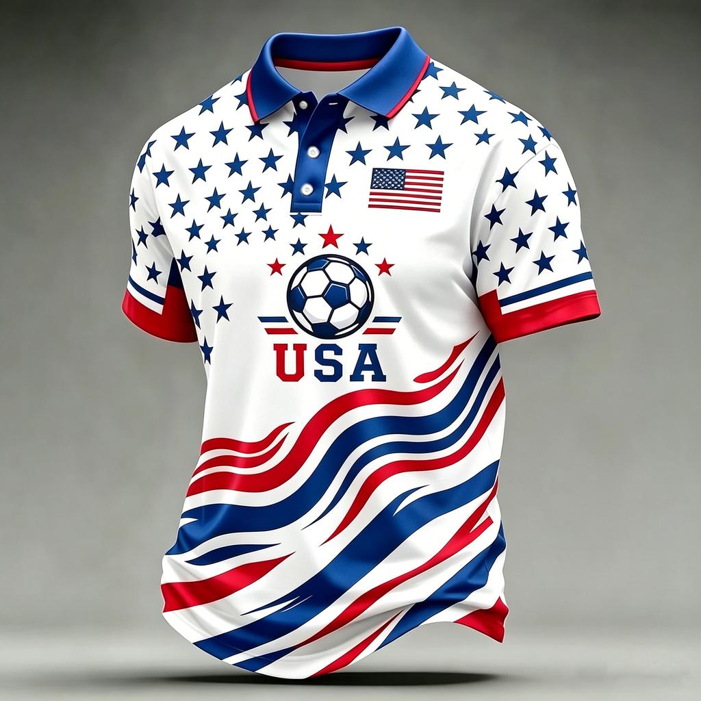 Men’s Casual Polo Shirt with Football Inspired Print and 2026 USA Flag Design Short Sleeve Comfortable Fit