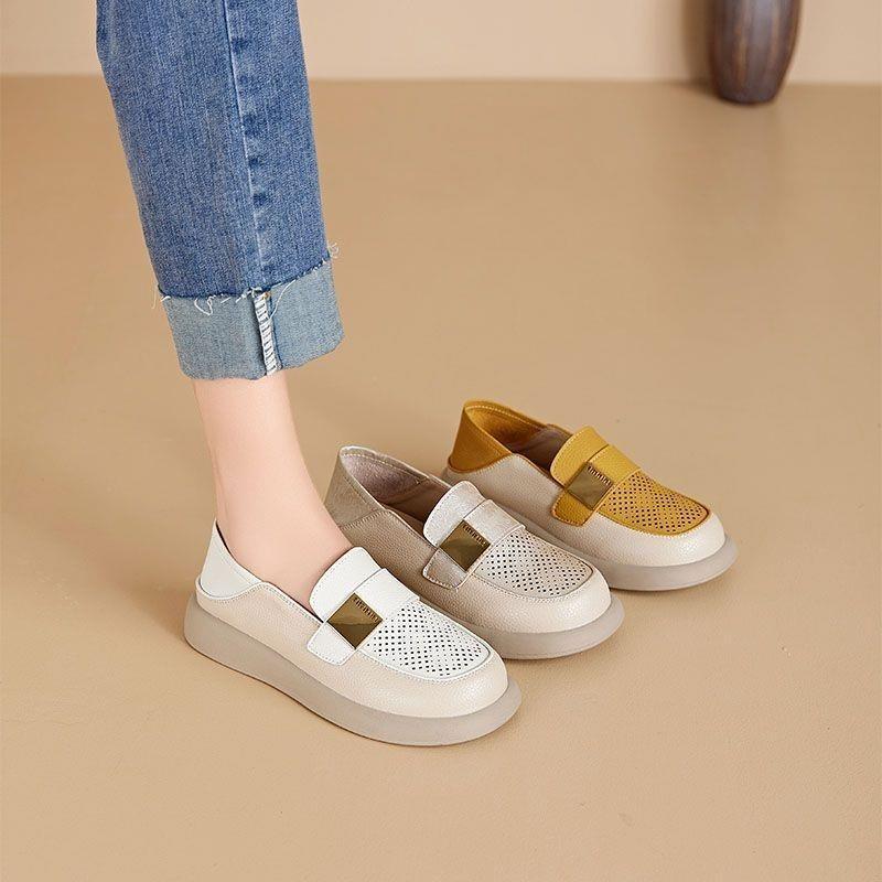 Leather Loafers Women's 2025 Summer and Autumn New Breathable Hollow Soft Sole Casual Versatile Lazy Shoes Hole Hole Single Shoes