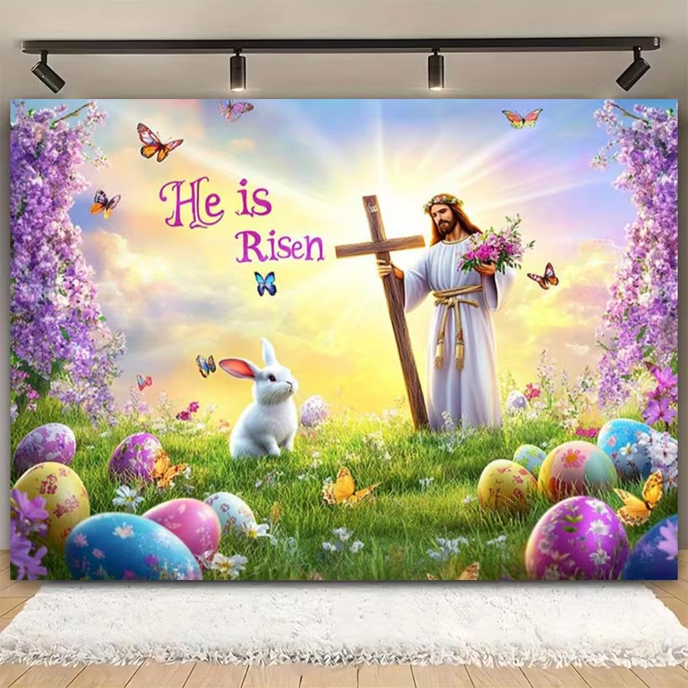 Easter Religion Jesus Theme Party Decoration Photography Background, Easter Egg Rabbit Banner Photography Studio Backdrop Cloth Vinyl 75X50cm