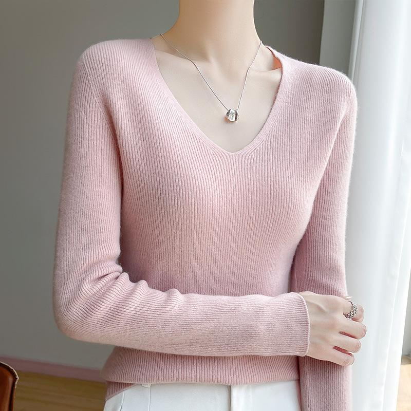 New Autumn and Winter Women's Pullover Sweater Long-sleeved Tight Slimming Knitted Sweater V-neck Slimming Base Layer