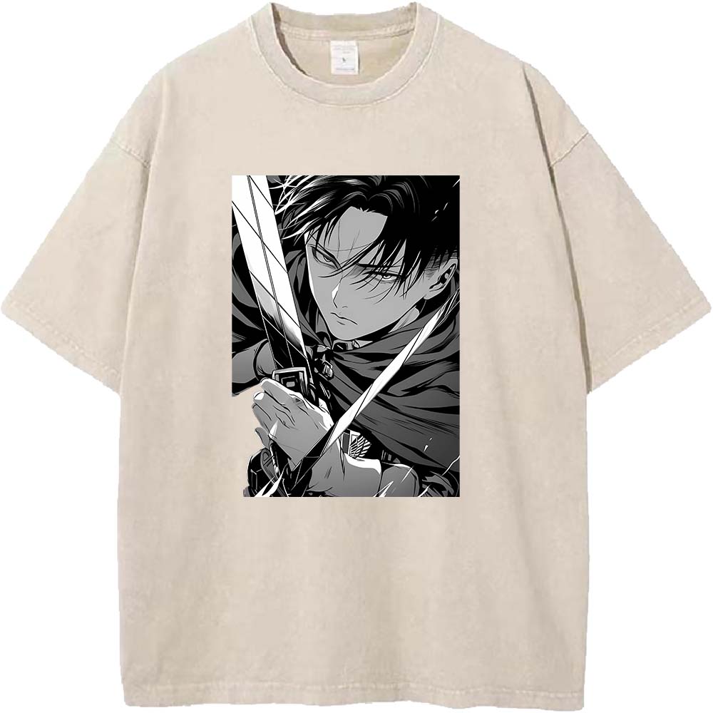 Levi Ackerman Manga Print T Shirt Attack On Titan Streetwear Men Women High Quality Cotton T-shirts Harajuku Retro Washed Tshirt