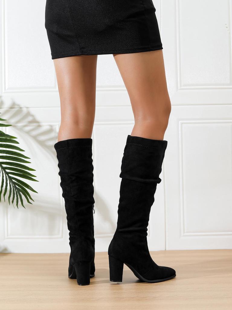 Slimming Women's Plus Size Suede Long Boots with Zipper - Solid Color, Small Square Toe for Autumn & Winter