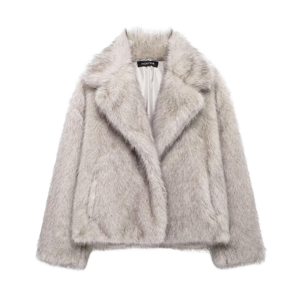 Chaqueta de Mujer con Cuello Solapa, Manga Larga, Corte Holgado, Piel Sintética, Ropa de Abrigo Informal
