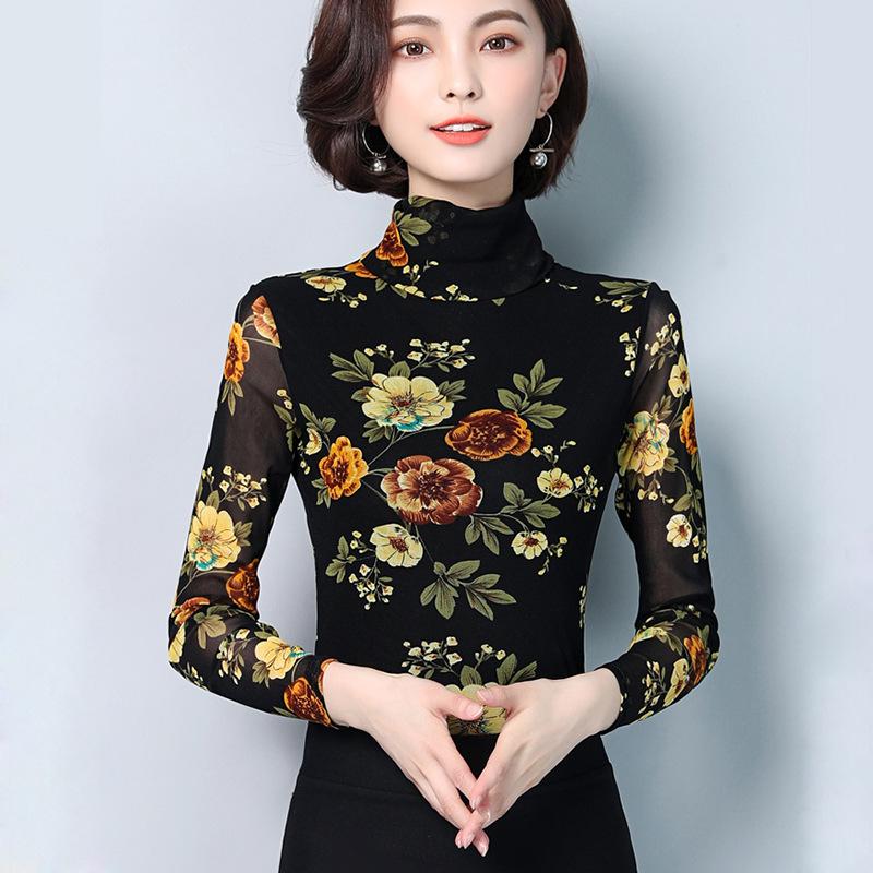 Spring and Autumn New Mesh Top Turtleneck Bottom Shirt Women's Thin Large Size Yarn Slim Versatile Long Sleeve T-Shirt