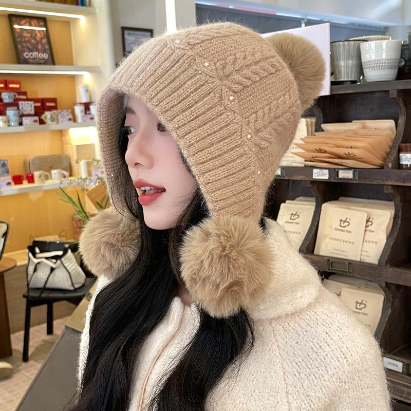 

Cute Hairball Hat Women s Thickened Warm Ear Protector Knitted Hat Fashionable Solid Color Casual Wool Hat one size