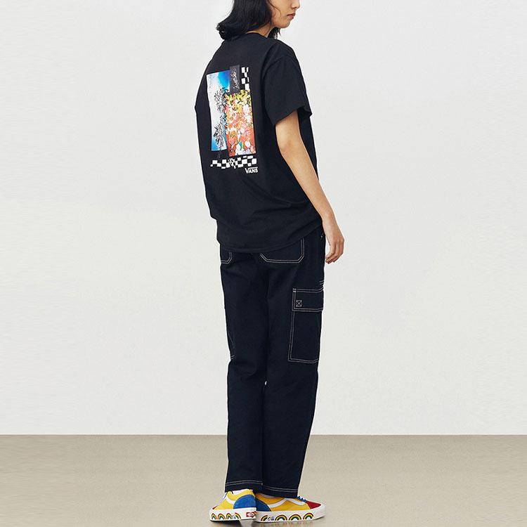 Vans Palmblatt-Print American Vintage Lässiges Kurzarm-T-Shirt mit überschnittenen Schultern Unisex T-Shirts Schwarz VN0A54L7BLK
