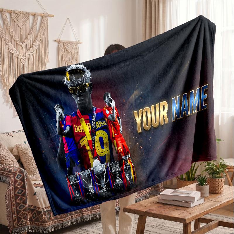 Lamine Yamal Personalized Fleece Blanket With Football Logo, Custom Name Text Soft Warm Home Throw Blanket