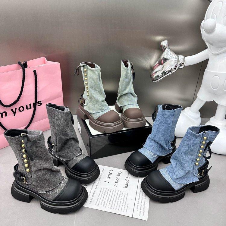 Western denim cloth pants tube boots knight martin boots women's autumn and winter short boots children thick heel