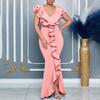 Fashion Women's Summer Dress Solid Color V-neck Ruffled Slit Fishtail Dress Long Skirt