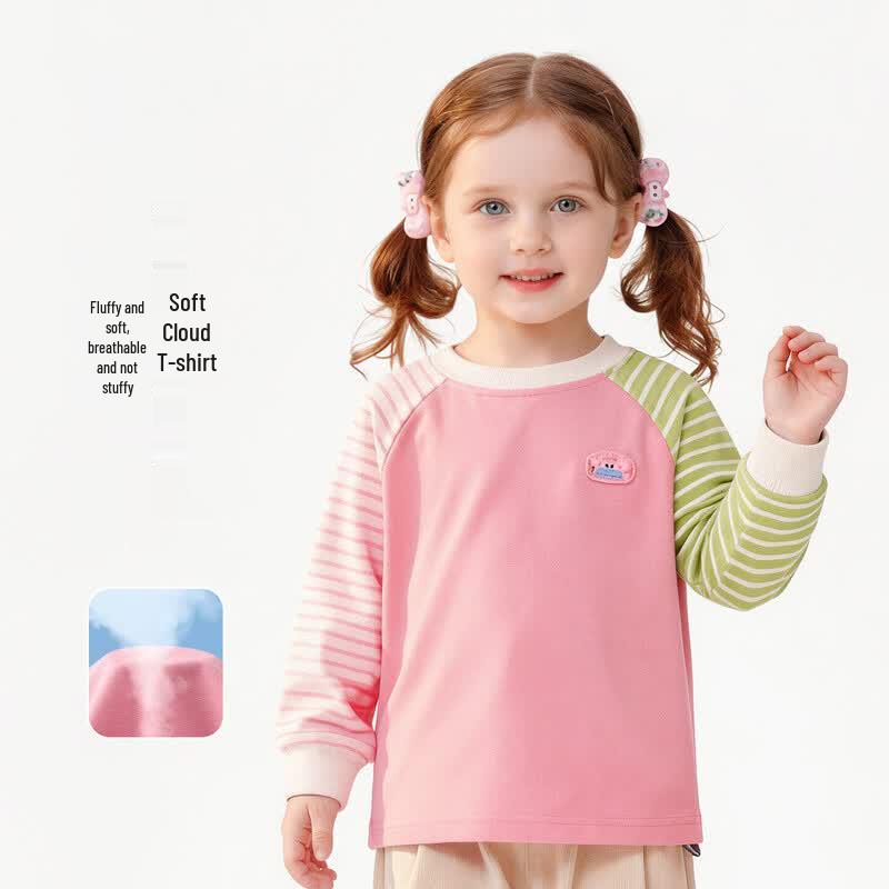 Girls' Spring Long Sleeve Color-Block Striped T-Shirt