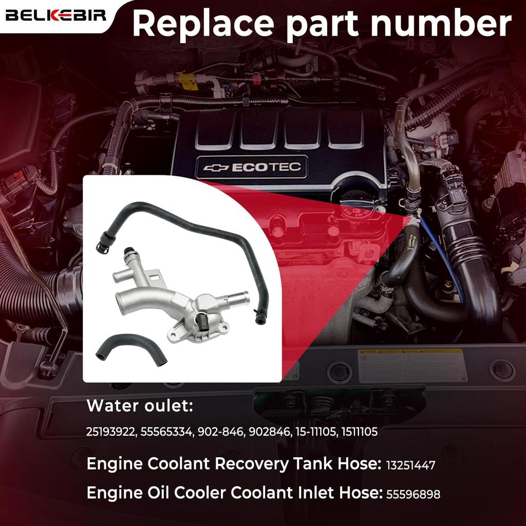 Aluminum Engine Coolant Housing Water Outlet Kit with Hoses Compatible with 2011-2016 Chevy Cruze, 2012- Sonic, 2015- Trax, 2013- Buick Encore 1.4L
