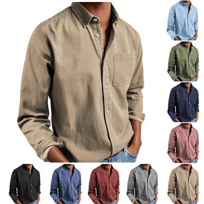 Men's Vintage Business Shirt Casual Temperament Solid Color Long Sleeve Lapel Neck Shirts with Button Plain Autumn Casual Wear