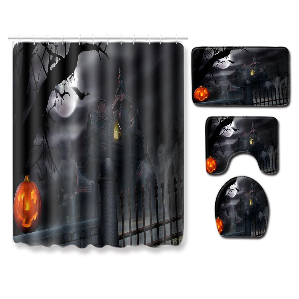 Halloween Series Bathroom Shower Curtain Floor Mat Toilet Cover Foot Mat Four-Piece Set