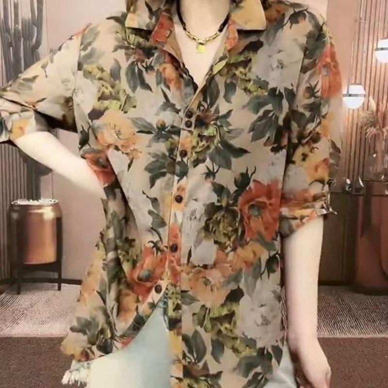 Fashionable Retro Printed Chiffon Blouses 2024 Summer New Women's Polo Neck Button Loose Simple Commute 3/4 Sleeve Shirts Tops