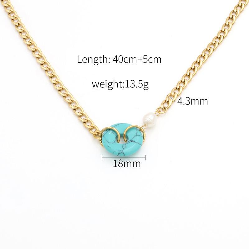 Personalized Light Luxury Stainless Steel Pearl Cuban Chain Natural Stone Pendant Round Turquoise Necklace Jewelry