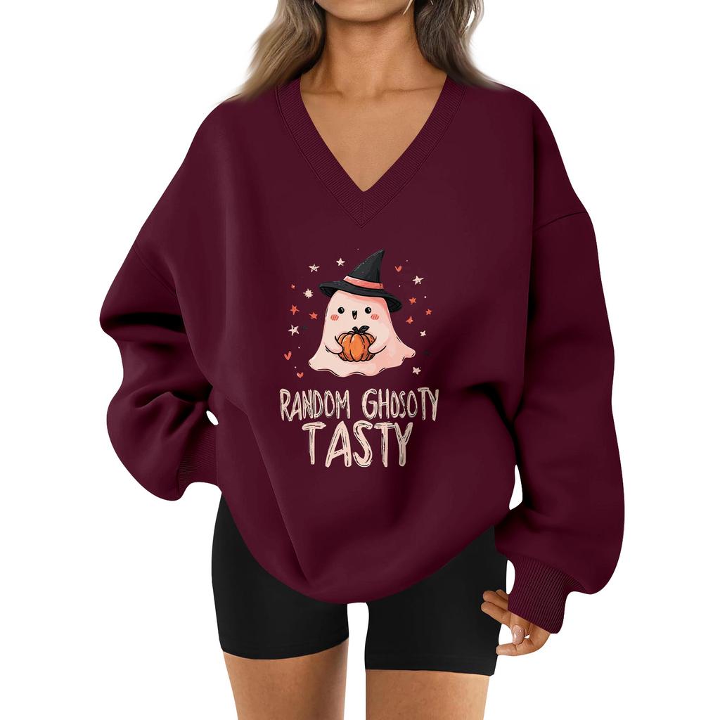 Women's V-neck Dropped Shoulder Halloween Print Sports Sweatshirt Top