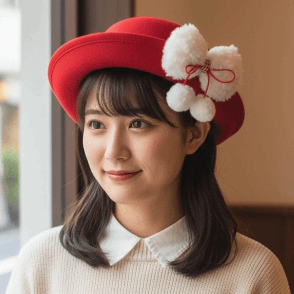 Vintage Looking Red Bowler Hats Japanese Style Girls Dome Hat Basin Hat Woolen Bucket Cap  Winter