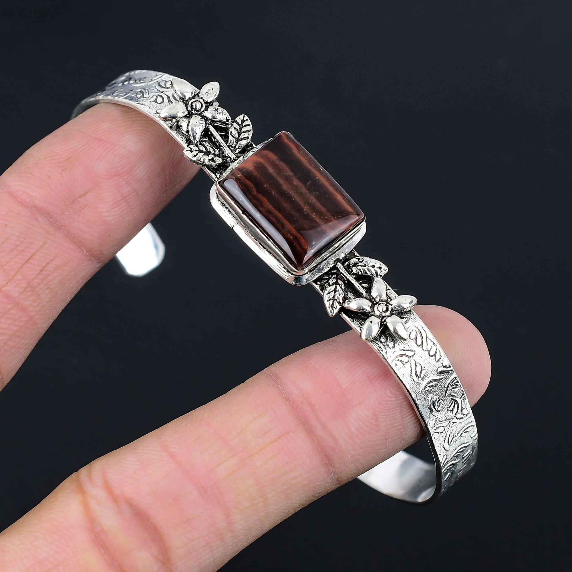 

Halloween Sale 925 Silver Radiant Natural Tiger Eye Ethnic Sister Flower Bangle Adjustable
