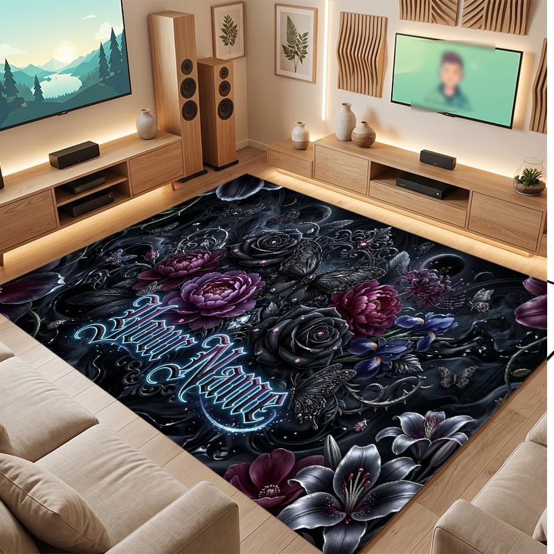 Floral Garden Theme Soft Crystal Velvet Rug Custom Name & Text Print Non Slip Floor Rug for Bedroom Living Room