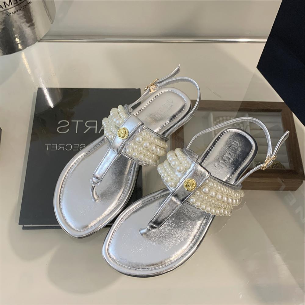 Fashion Beige Heeled Sandals Clear Shoes Slip-on Loafers Summer Women's Flip Flops Platform Soft Black Pearl Outside Elastic Band Girls