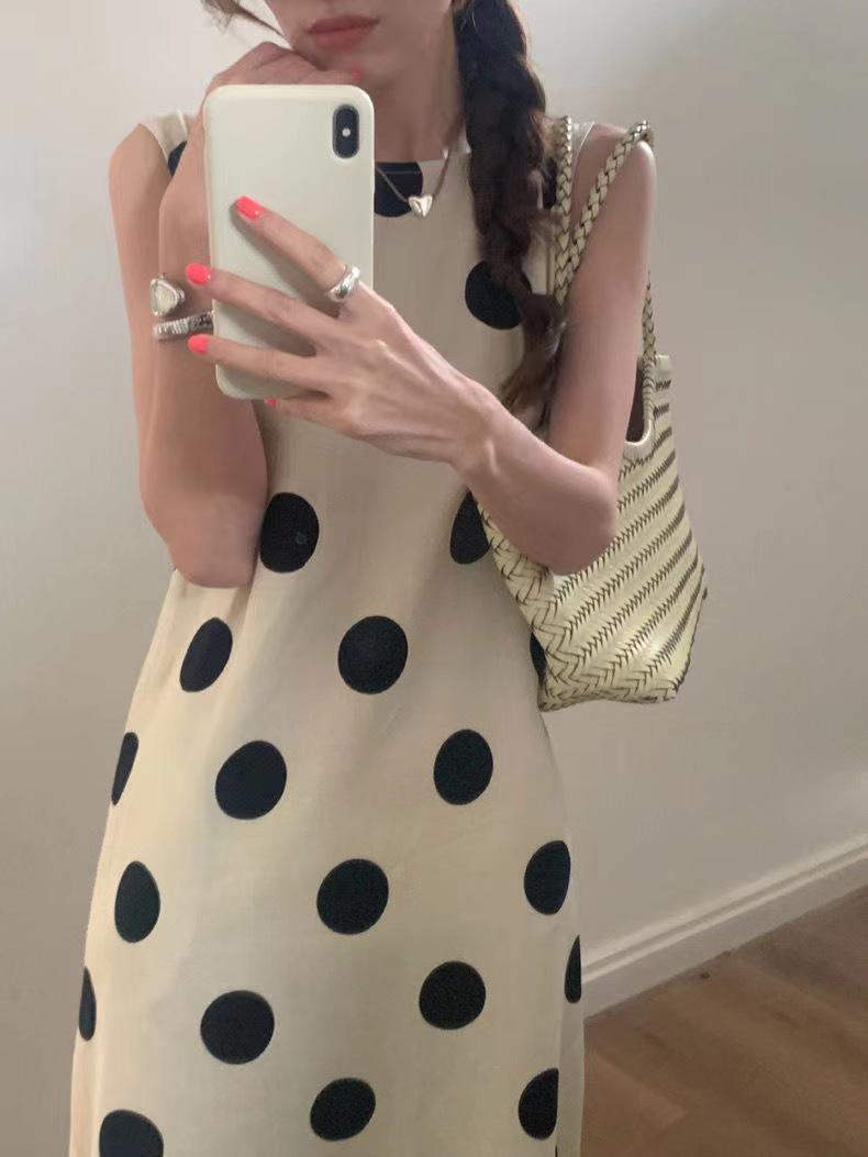 

Женское белое летнее платье-майка без рукавов в горошек, облегающее длинное платье с французским круглым вырезом XXXL (suggested weight: 155-170 jin)