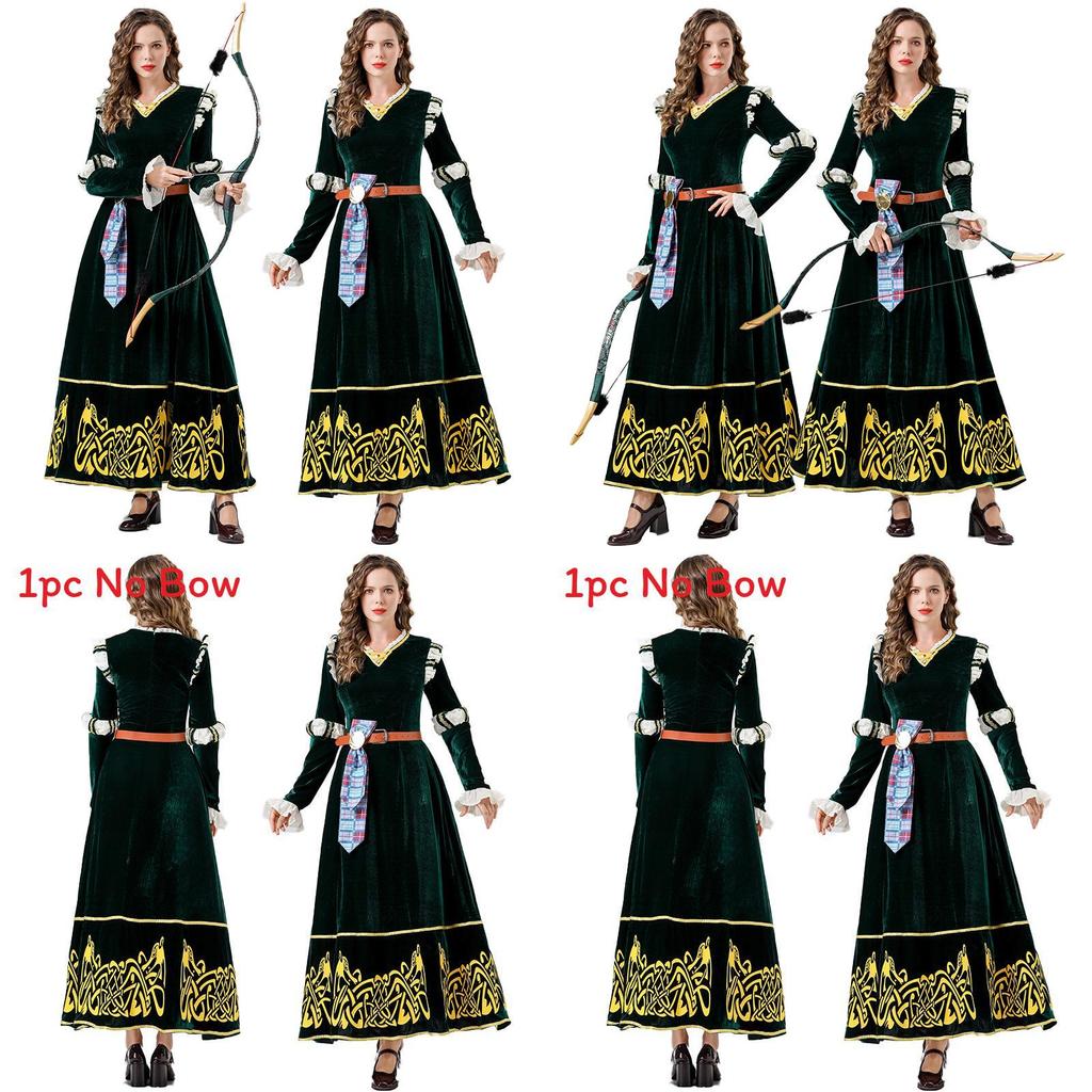 European Medieval Queen Costume With Green Velvet Cotton Fabric For Halloween Cosplay Party