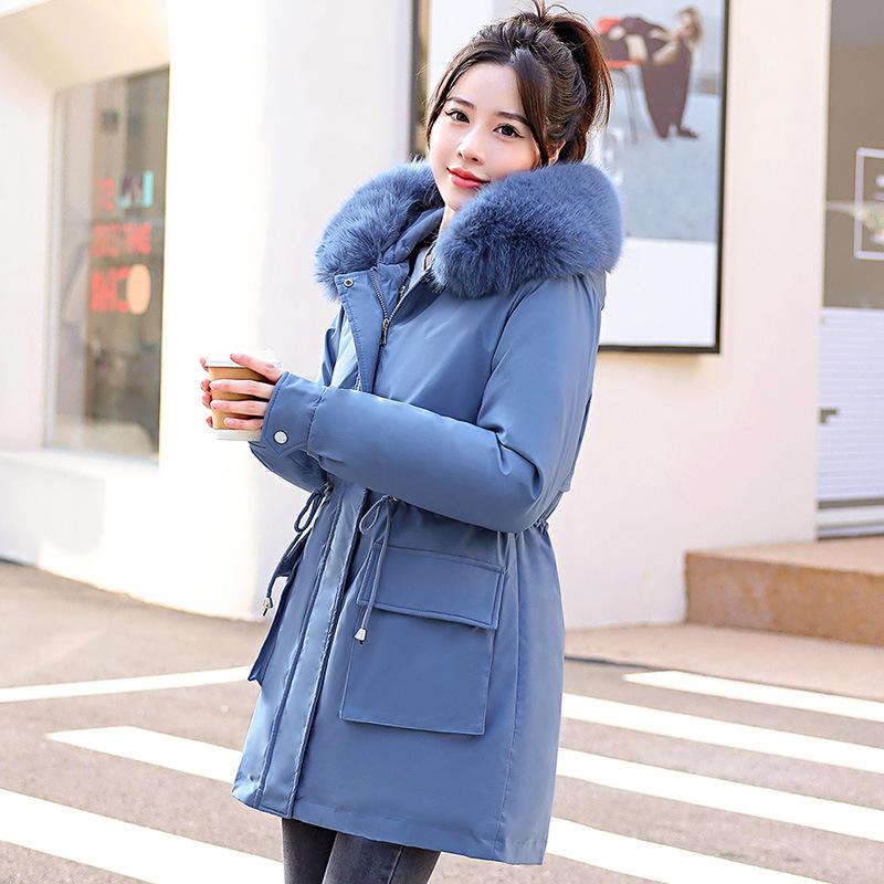 Nový kabát s kapucí a velkým kožešinovým límcem v korejském stylu pro ženy, všestranný odnímatelný dámský kabát