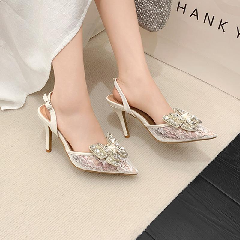 Pointed high heels new fashion lace front bag pearl thin heel fashion banquet bag head sandals women