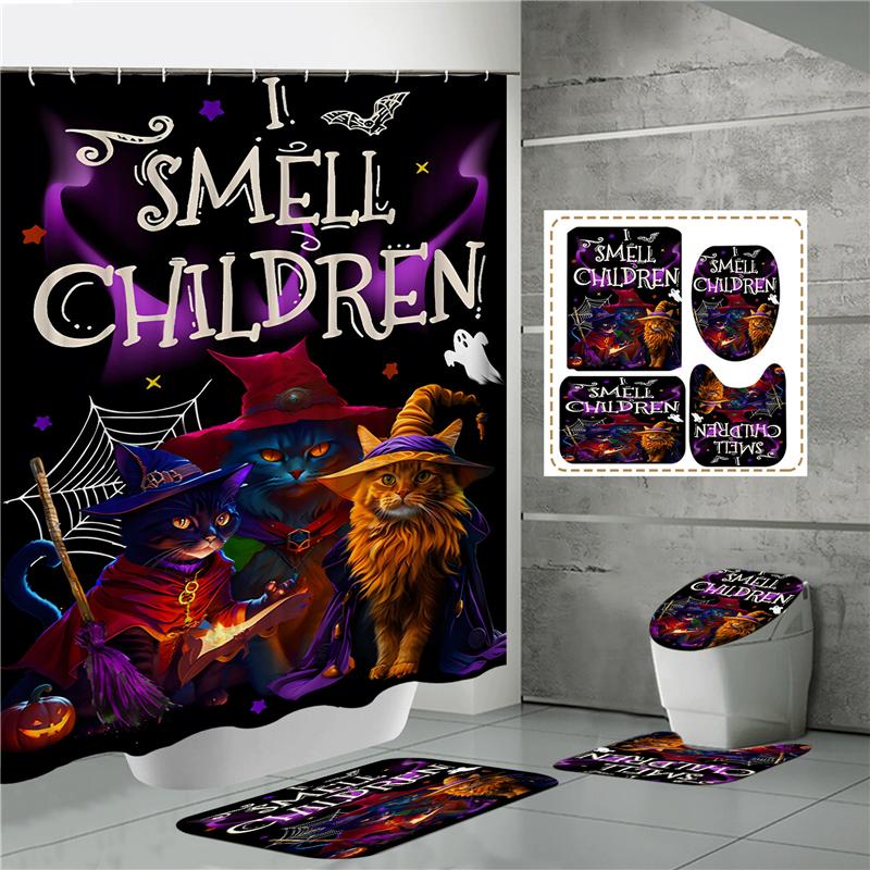 HOT Halloween Ghost Pumpkin Skull Shower Curtain Set with Non-Slip Rugs Toilet Lid Cover and Bath Mat Washable Trick or Treat